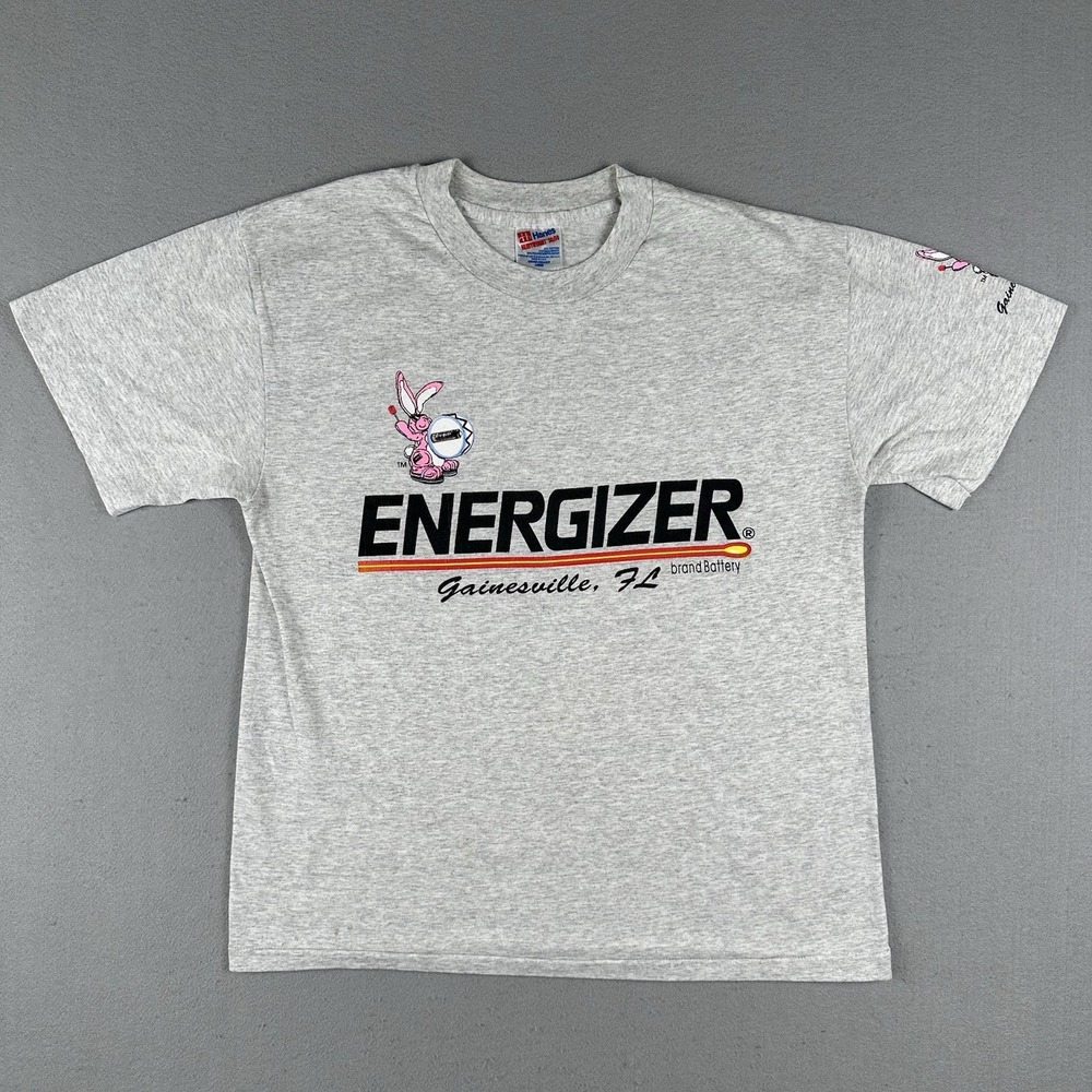 Vtg 90s Energizer Bunny Shirt Men's Large Gray Short Sleeve Battery Keep Going
